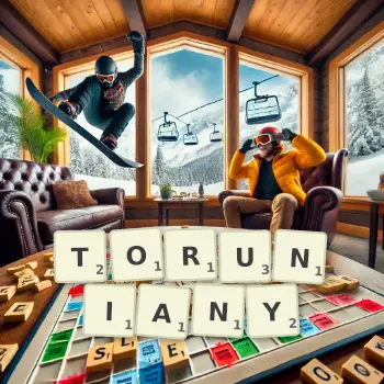 Kreatywna ilustracja do gry w Scrabble ze słowem TORUNIANY ułożonym z płytek na planszy.