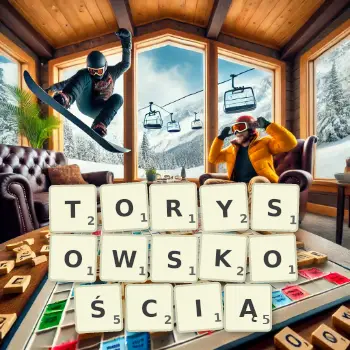 Kreatywna ilustracja do gry w Scrabble ze słowem TORYSOWSKOŚCIĄ ułożonym z płytek na planszy.
