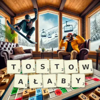 Kreatywna ilustracja do gry w Scrabble ze słowem TOSTOWAŁABY ułożonym z płytek na planszy.