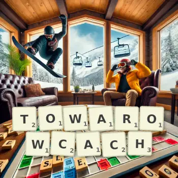 Kreatywna ilustracja do gry w Scrabble ze słowem TOWAROWCACH ułożonym z płytek na planszy.