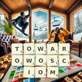 Kreatywna ilustracja do gry w Scrabble ze słowem TOWAROWOSCIOM ułożonym z płytek na planszy.