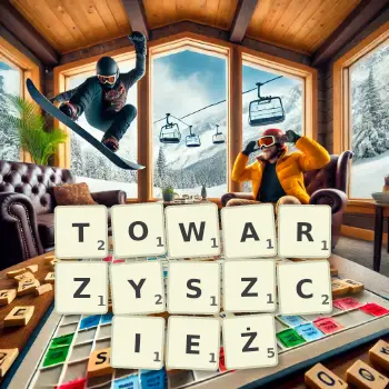 Kreatywna ilustracja do gry w Scrabble ze słowem TOWARZYSZCIEŻ ułożonym z płytek na planszy.