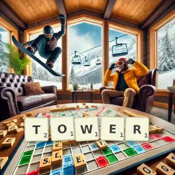 Kreatywna ilustracja do gry w Scrabble ze słowem TOWER ułożonym z płytek na planszy.