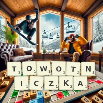 Kreatywna ilustracja do gry w Scrabble ze słowem TOWOTNICZKA ułożonym z płytek na planszy.