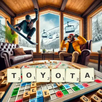 Kreatywna ilustracja do gry w Scrabble ze słowem TOYOTA ułożonym z płytek na planszy.