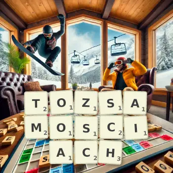 Kreatywna ilustracja do gry w Scrabble ze słowem TOZSAMOSCIACH ułożonym z płytek na planszy.