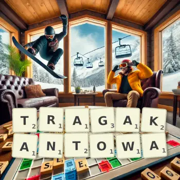 Kreatywna ilustracja do gry w Scrabble ze słowem TRAGAKANTOWA ułożonym z płytek na planszy.