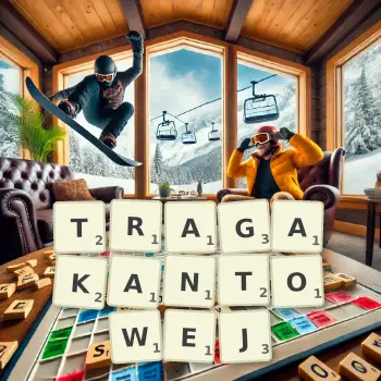 Kreatywna ilustracja do gry w Scrabble ze słowem TRAGAKANTOWEJ ułożonym z płytek na planszy.