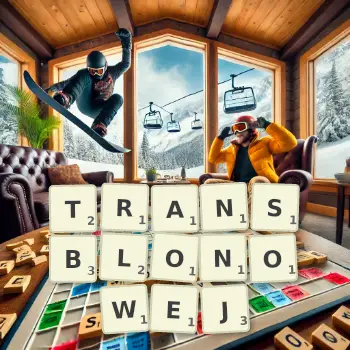 Kreatywna ilustracja do gry w Scrabble ze słowem TRANSBLONOWEJ ułożonym z płytek na planszy.