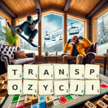 Kreatywna ilustracja do gry w Scrabble ze słowem TRANSPOZYCJI ułożonym z płytek na planszy.