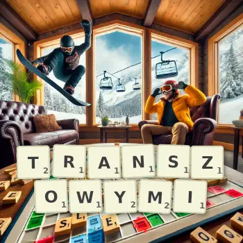 Kreatywna ilustracja do gry w Scrabble ze słowem TRANSZOWYMI ułożonym z płytek na planszy.