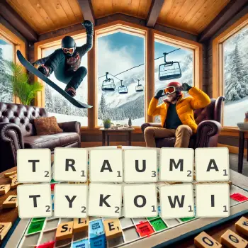 Kreatywna ilustracja do gry w Scrabble ze słowem TRAUMATYKOWI ułożonym z płytek na planszy.