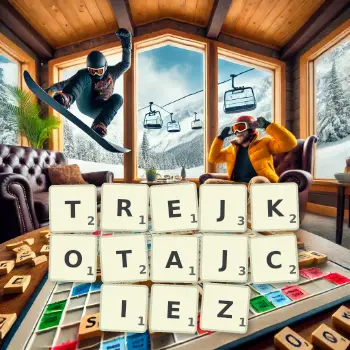 Kreatywna ilustracja do gry w Scrabble ze słowem TREJKOTAJCIEZ ułożonym z płytek na planszy.