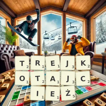Kreatywna ilustracja do gry w Scrabble ze słowem TREJKOTAJCIEŻ ułożonym z płytek na planszy.