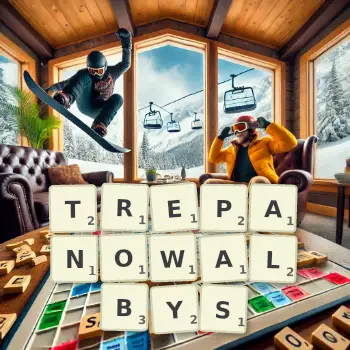 Kreatywna ilustracja do gry w Scrabble ze słowem TREPANOWALBYS ułożonym z płytek na planszy.