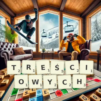 Kreatywna ilustracja do gry w Scrabble ze słowem TREŚCIOWYCH ułożonym z płytek na planszy.
