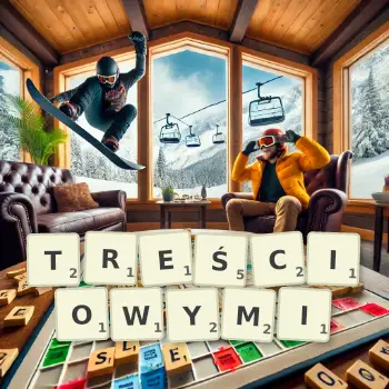 Kreatywna ilustracja do gry w Scrabble ze słowem TREŚCIOWYMI ułożonym z płytek na planszy.
