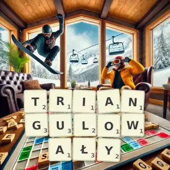 Kreatywna ilustracja do gry w Scrabble ze słowem TRIANGULOWAŁY ułożonym z płytek na planszy.