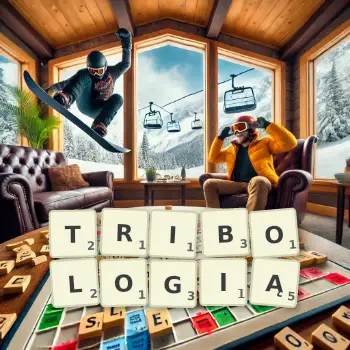 Kreatywna ilustracja do gry w Scrabble ze słowem TRIBOLOGIĄ ułożonym z płytek na planszy.