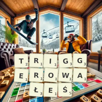 Kreatywna ilustracja do gry w Scrabble ze słowem TRIGGEROWAŁEŚ ułożonym z płytek na planszy.