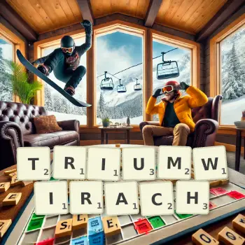 Kreatywna ilustracja do gry w Scrabble ze słowem TRIUMWIRACH ułożonym z płytek na planszy.