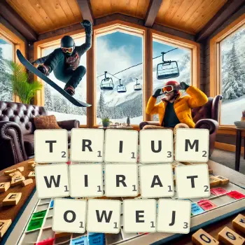 Kreatywna ilustracja do gry w Scrabble ze słowem TRIUMWIRATOWEJ ułożonym z płytek na planszy.
