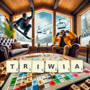 Kreatywna ilustracja do gry w Scrabble ze słowem TRIWIA ułożonym z płytek na planszy.