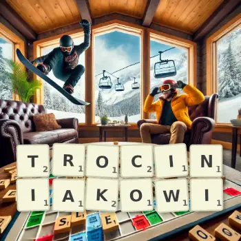 Kreatywna ilustracja do gry w Scrabble ze słowem TROCINIAKOWI ułożonym z płytek na planszy.