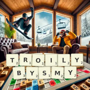 Kreatywna ilustracja do gry w Scrabble ze słowem TROILYBYSMY ułożonym z płytek na planszy.