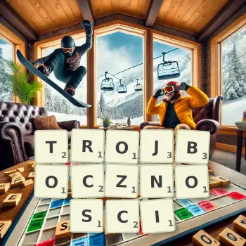Kreatywna ilustracja do gry w Scrabble ze słowem TROJBOCZNOSCI ułożonym z płytek na planszy.