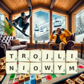Kreatywna ilustracja do gry w Scrabble ze słowem TROJLINIOWYM ułożonym z płytek na planszy.