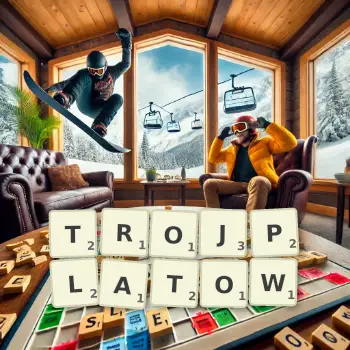 Kreatywna ilustracja do gry w Scrabble ze słowem TROJPLATOW ułożonym z płytek na planszy.