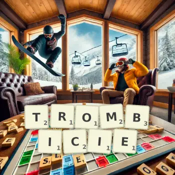 Kreatywna ilustracja do gry w Scrabble ze słowem TROMBICIE ułożonym z płytek na planszy.