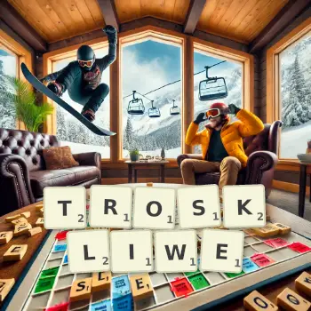 Kreatywna ilustracja do gry w Scrabble ze słowem TROSKLIWE ułożonym z płytek na planszy.