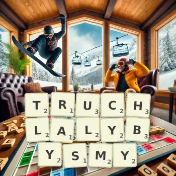 Kreatywna ilustracja do gry w Scrabble ze słowem TRUCHLALYBYSMY ułożonym z płytek na planszy.