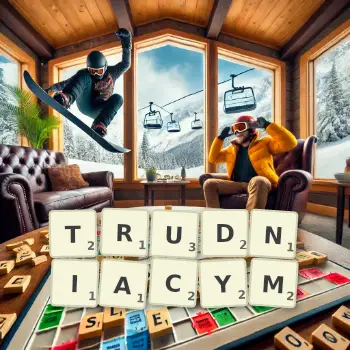Kreatywna ilustracja do gry w Scrabble ze słowem TRUDNIACYM ułożonym z płytek na planszy.