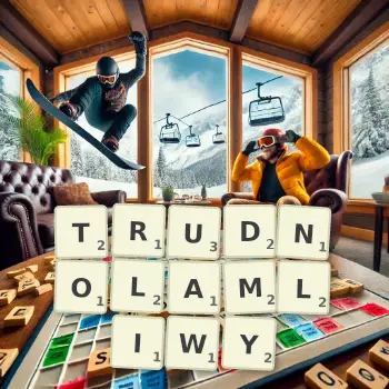 Kreatywna ilustracja do gry w Scrabble ze słowem TRUDNOLAMLIWY ułożonym z płytek na planszy.
