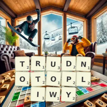 Kreatywna ilustracja do gry w Scrabble ze słowem TRUDNOTOPLIWY ułożonym z płytek na planszy.
