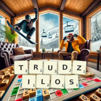 Kreatywna ilustracja do gry w Scrabble ze słowem TRUDZILOS ułożonym z płytek na planszy.