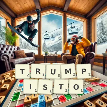 Kreatywna ilustracja do gry w Scrabble ze słowem TRUMPISTO ułożonym z płytek na planszy.