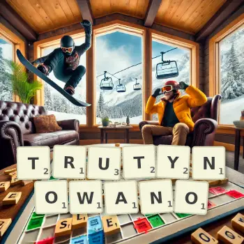 Kreatywna ilustracja do gry w Scrabble ze słowem TRUTYNOWANO ułożonym z płytek na planszy.