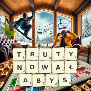 Kreatywna ilustracja do gry w Scrabble ze słowem TRUTYNOWAŁABYŚ ułożonym z płytek na planszy.