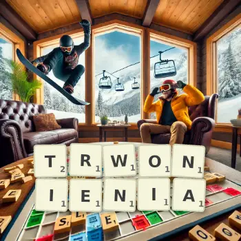 Kreatywna ilustracja do gry w Scrabble ze słowem TRWONIENIA ułożonym z płytek na planszy.