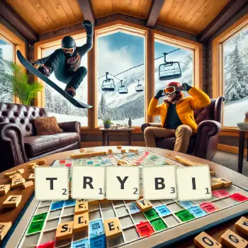 Kreatywna ilustracja do gry w Scrabble ze słowem TRYBI ułożonym z płytek na planszy.