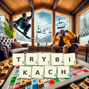 Kreatywna ilustracja do gry w Scrabble ze słowem TRYBIKACH ułożonym z płytek na planszy.