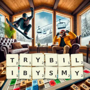 Kreatywna ilustracja do gry w Scrabble ze słowem TRYBILIBYSMY ułożonym z płytek na planszy.