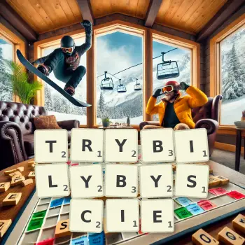 Kreatywna ilustracja do gry w Scrabble ze słowem TRYBILYBYSCIE ułożonym z płytek na planszy.