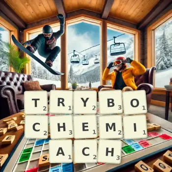 Kreatywna ilustracja do gry w Scrabble ze słowem TRYBOCHEMIACH ułożonym z płytek na planszy.