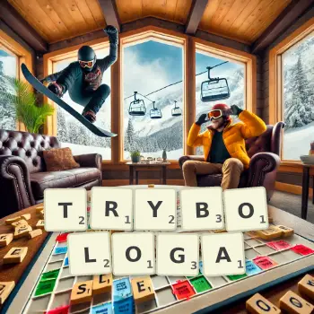 Kreatywna ilustracja do gry w Scrabble ze słowem TRYBOLOGA ułożonym z płytek na planszy.