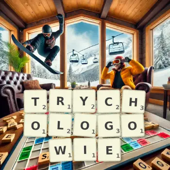Kreatywna ilustracja do gry w Scrabble ze słowem TRYCHOLOGOWIE ułożonym z płytek na planszy.